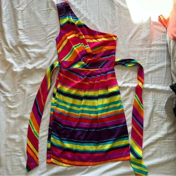 open lace back dress One Shoulder Rainbow Embellished Dress – Lil Angels main image 1